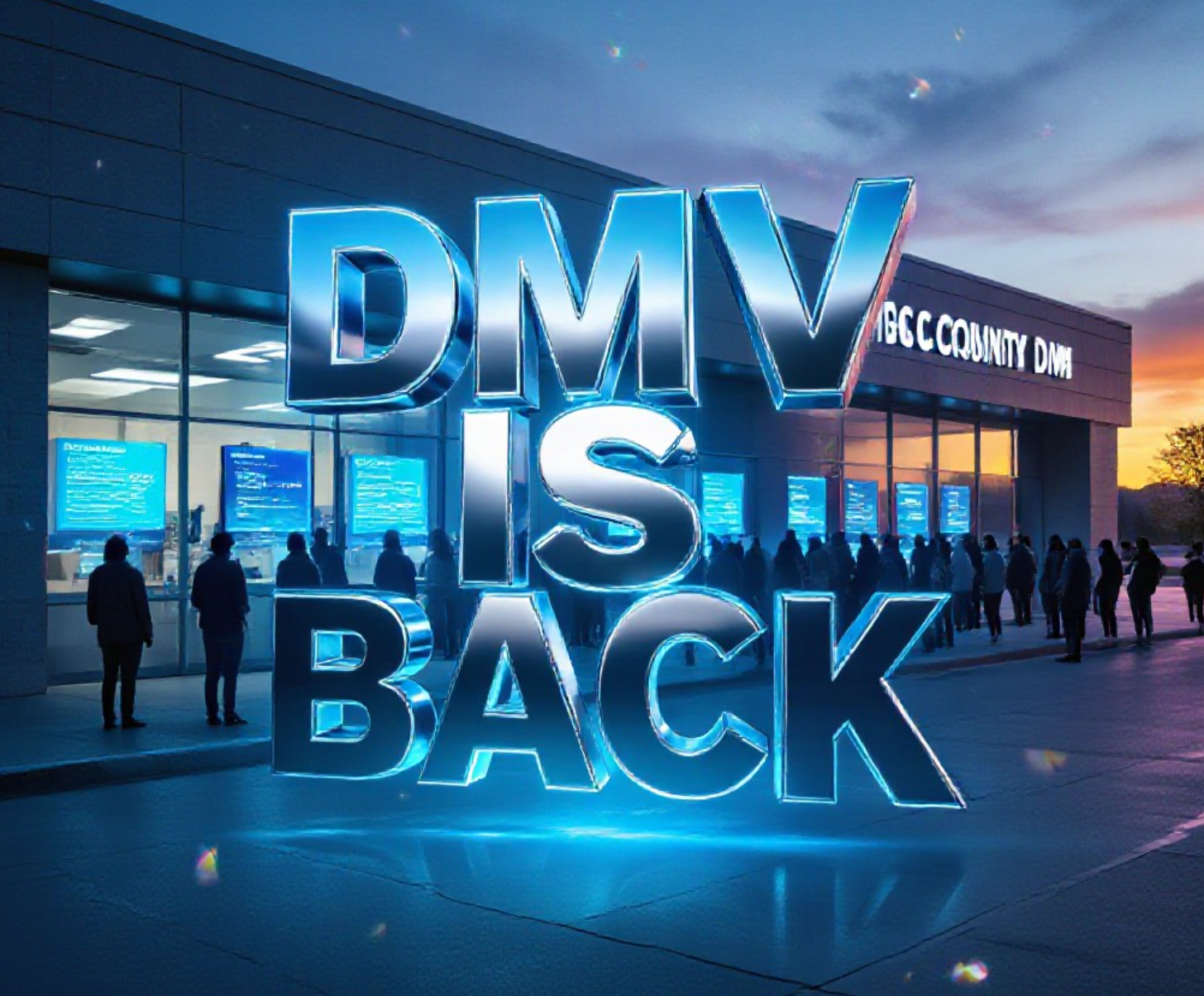 A viral, hyper-realistic YouTube thumbnail with a sleek tech-blue atmosphere. The background is the exterior of the Mesa County DMV building at sunrise with long lines of people wrapping around the corner and glowing digital screens visible through the windows. The composition uses a dramatic low-angle shot to focus on the main subject: a massive, shiny Colorado driver’s license floating in mid-air like a futuristic hologram. The image features massive 3D typography with strict hierarchy: The Primary Text reads exactly: 'DMV IS BACK'. This text is massive, the largest element in the frame, rendered in electric chrome with glowing blue edges to look like a high-budget 3D render. The Secondary Text reads exactly: 'Lines Already Crazy'. This text is significantly smaller, positioned below the main text with a thick red warning-style border to contrast against the background. 8k, Unreal Engine 5, cinematic render