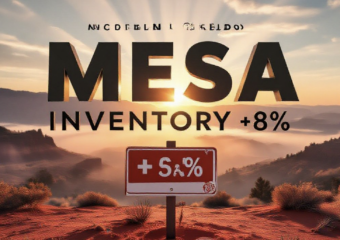 A viral, hyper-realistic YouTube thumbnail with a warm Western Colorado sunrise atmosphere. The background is a sweeping panoramic view of the Grand Mesa and Colorado National Monument at golden hour with soft god rays cutting through morning mist. The composition uses a dramatic low-angle shot to focus on the main subject: a sleek, modern "FOR SALE" sign planted in red desert soil with subtle sold stickers peeling off the corner. The image features massive 3D typography with strict hierarchy: The Primary Text reads exactly: 'MESA INVENTORY +8%'. This text is massive, the largest element in the frame, rendered in polished chrome with subtle orange glow to look like a high-budget 3D render. The Secondary Text reads exactly: 'BUYERS GAIN POWER'. This text is significantly smaller, positioned below the main text. It features a thick, bright white border/outline (sticker style) to contrast against the background. Make sure text 2 is always different theme, style, effect and border compared to text 1.