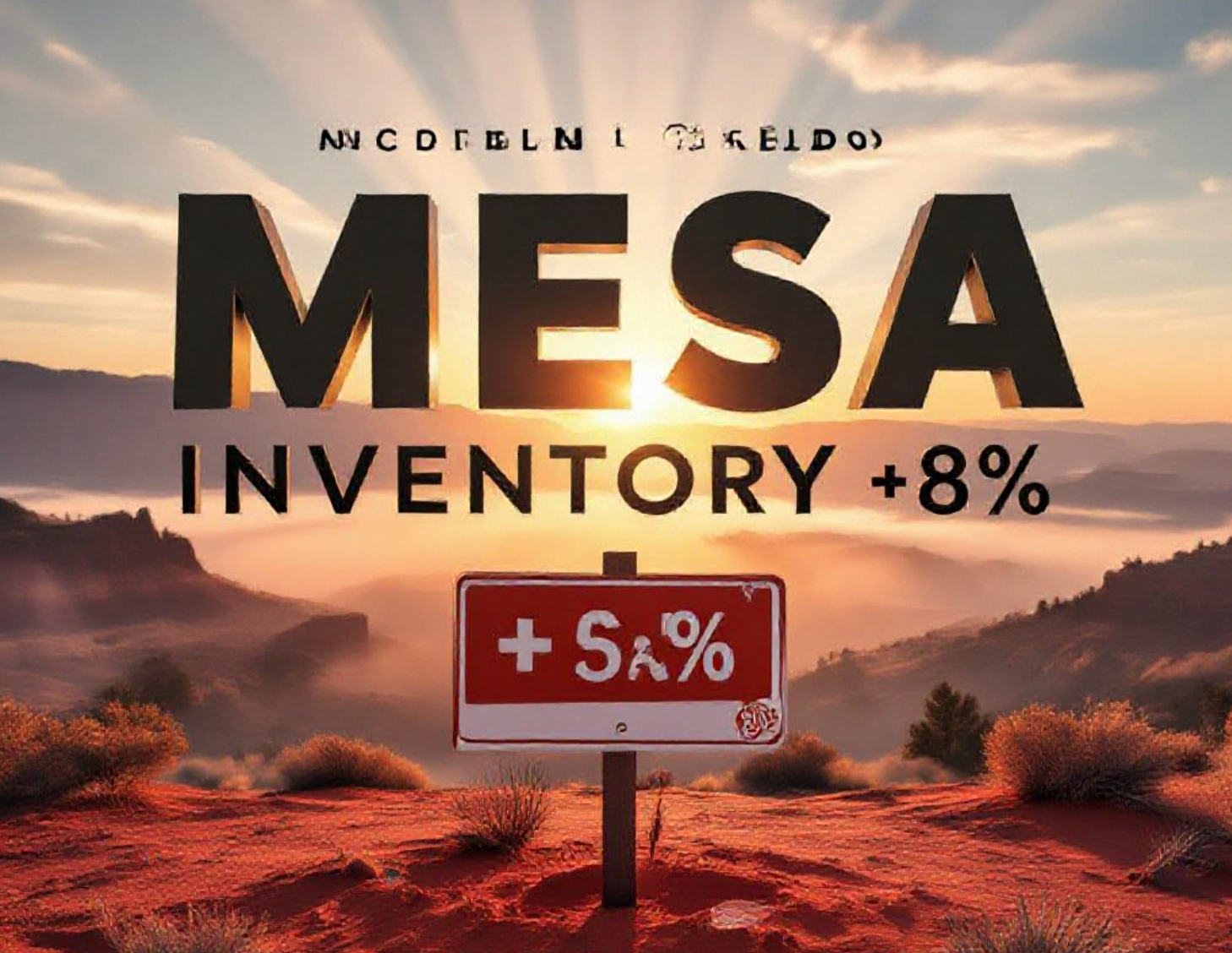 A viral, hyper-realistic YouTube thumbnail with a warm Western Colorado sunrise atmosphere. The background is a sweeping panoramic view of the Grand Mesa and Colorado National Monument at golden hour with soft god rays cutting through morning mist. The composition uses a dramatic low-angle shot to focus on the main subject: a sleek, modern "FOR SALE" sign planted in red desert soil with subtle sold stickers peeling off the corner.

The image features massive 3D typography with strict hierarchy:
The Primary Text reads exactly: 'MESA INVENTORY +8%'. This text is massive, the largest element in the frame, rendered in polished chrome with subtle orange glow to look like a high-budget 3D render.
The Secondary Text reads exactly: 'BUYERS GAIN POWER'. This text is significantly smaller, positioned below the main text. It features a thick, bright white border/outline (sticker style) to contrast against the background. Make sure text 2 is always different theme, style, effect and border compared to text 1.