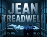 A viral, hyper-realistic YouTube thumbnail with a somber, cold-blue jail atmosphere. The background is a dimly lit concrete jail cell block with heavy shadows and faint emergency lighting. The composition uses a dramatic low-angle shot through rusted cell bars to focus on the main subject: a faceless empty jail cot with crumpled sheets and an abandoned inmate jumpsuit. The image features massive 3D typography with strict hierarchy: The Primary Text reads exactly: 'JEAN TREADWELL'. This text is massive, the largest element in the frame, rendered in cold brushed steel with subtle frost effect to look like a high-budget 3D render. The Secondary Text reads exactly: 'DEAD IN CELL'. This text is significantly smaller, positioned below the main text with a bold red outline border and glowing crimson edge effect. The text materials correspond to the story's concept. Crucial Instruction: There is absolutely NO other text, numbers, watermarks, or subtitles in this image other than these two specific lines. 8k, Unreal Engine 5, cinematic render