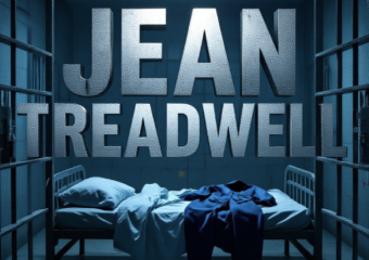 A viral, hyper-realistic YouTube thumbnail with a somber, cold-blue jail atmosphere. The background is a dimly lit concrete jail cell block with heavy shadows and faint emergency lighting. The composition uses a dramatic low-angle shot through rusted cell bars to focus on the main subject: a faceless empty jail cot with crumpled sheets and an abandoned inmate jumpsuit. The image features massive 3D typography with strict hierarchy: The Primary Text reads exactly: 'JEAN TREADWELL'. This text is massive, the largest element in the frame, rendered in cold brushed steel with subtle frost effect to look like a high-budget 3D render. The Secondary Text reads exactly: 'DEAD IN CELL'. This text is significantly smaller, positioned below the main text with a bold red outline border and glowing crimson edge effect. The text materials correspond to the story's concept. Crucial Instruction: There is absolutely NO other text, numbers, watermarks, or subtitles in this image other than these two specific lines. 8k, Unreal Engine 5, cinematic render