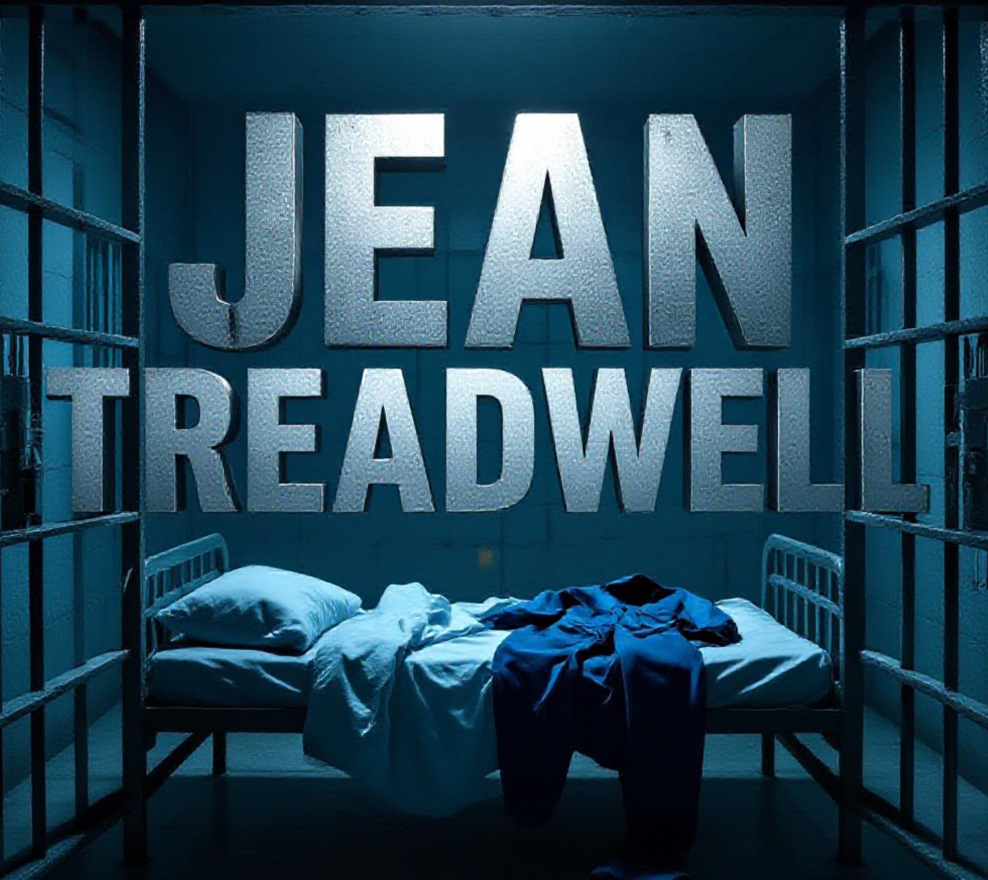 A viral, hyper-realistic YouTube thumbnail with a somber, cold-blue jail atmosphere. The background is a dimly lit concrete jail cell block with heavy shadows and faint emergency lighting. The composition uses a dramatic low-angle shot through rusted cell bars to focus on the main subject: a faceless empty jail cot with crumpled sheets and an abandoned inmate jumpsuit. The image features massive 3D typography with strict hierarchy: The Primary Text reads exactly: 'JEAN TREADWELL'. This text is massive, the largest element in the frame, rendered in cold brushed steel with subtle frost effect to look like a high-budget 3D render. The Secondary Text reads exactly: 'DEAD IN CELL'. This text is significantly smaller, positioned below the main text with a bold red outline border and glowing crimson edge effect. The text materials correspond to the story's concept. Crucial Instruction: There is absolutely NO other text, numbers, watermarks, or subtitles in this image other than these two specific lines. 8k, Unreal Engine 5, cinematic render