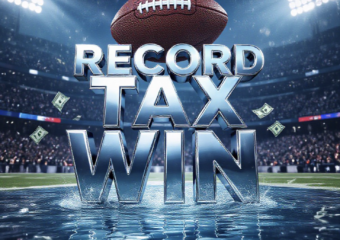 A viral, hyper-realistic YouTube thumbnail with a kinetic sports atmosphere. The background is a packed NFL stadium at night with dramatic floodlights cutting through light snow and roaring blurred crowds. The composition uses a low angle to focus on the main subject: a massive chrome football floating above a crystal-clear Colorado mountain river with cash bills transforming into water droplets mid-air. The image features massive 3D typography with strict hierarchy: The Primary Text reads exactly: 'RECORD TAX WIN'. This text is massive, the largest element in the frame, rendered in liquid chrome with rippling water reflections to look like a high-budget 3D render. The Secondary Text reads exactly: 'Colorado Betting Funds Water'. This text is significantly smaller, positioned below the main text. It features a thick electric-blue glowing outline with subtle snow particle effects to contrast against the background. Make sure text 2 is always different theme, style, effect and border compared to text 1. The text materials correspond to the story's concept. Crucial Instruction: There is absolutely NO other text, numbers, watermarks, or subtitles in this image other than these two specific lines. 8k, Unreal Engine 5, cinematic render