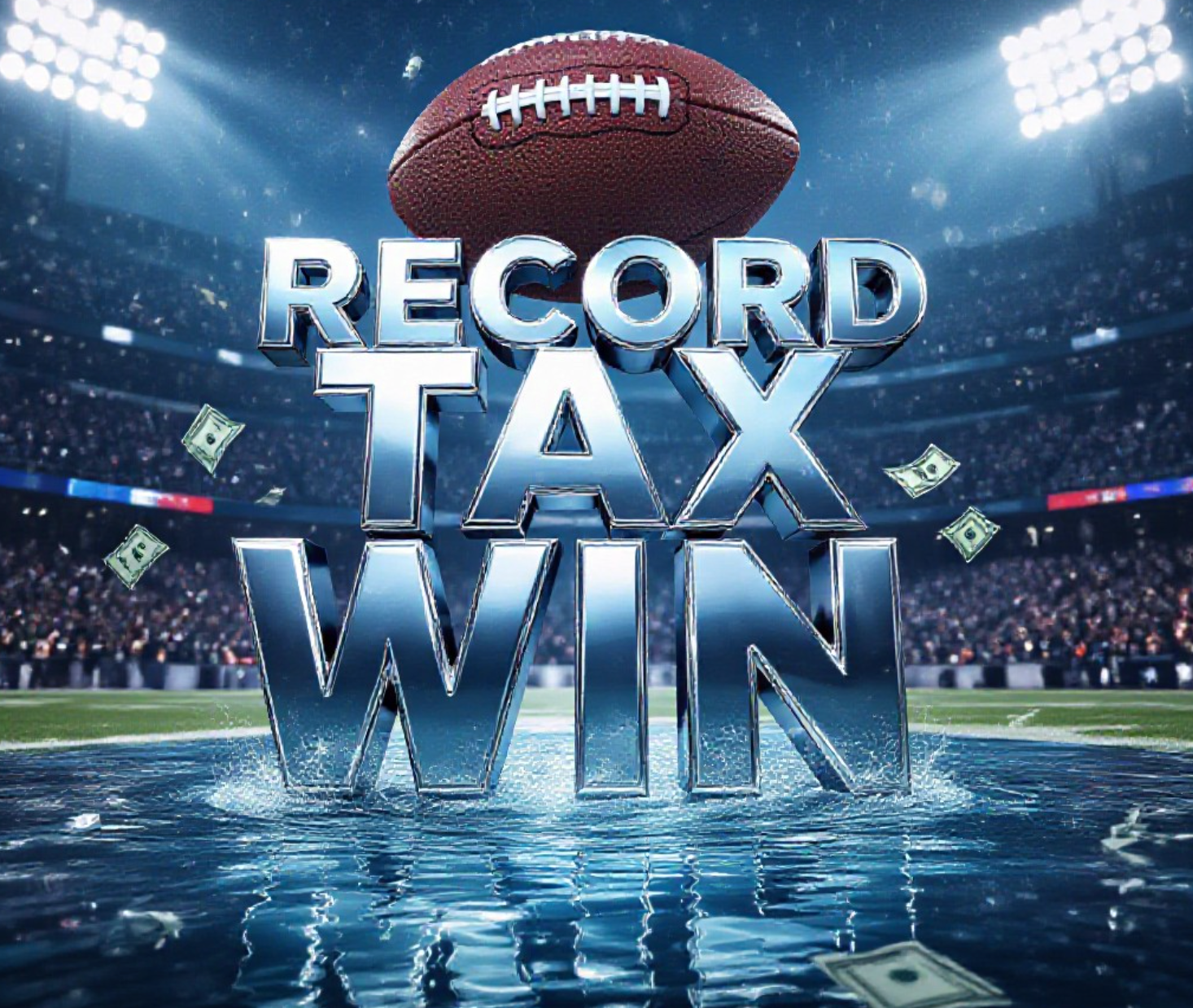 A viral, hyper-realistic YouTube thumbnail with a kinetic sports atmosphere. The background is a packed NFL stadium at night with dramatic floodlights cutting through light snow and roaring blurred crowds. The composition uses a low angle to focus on the main subject: a massive chrome football floating above a crystal-clear Colorado mountain river with cash bills transforming into water droplets mid-air. The image features massive 3D typography with strict hierarchy: The Primary Text reads exactly: 'RECORD TAX WIN'. This text is massive, the largest element in the frame, rendered in liquid chrome with rippling water reflections to look like a high-budget 3D render. The Secondary Text reads exactly: 'Colorado Betting Funds Water'. This text is significantly smaller, positioned below the main text. It features a thick electric-blue glowing outline with subtle snow particle effects to contrast against the background. Make sure text 2 is always different theme, style, effect and border compared to text 1. The text materials correspond to the story's concept. Crucial Instruction: There is absolutely NO other text, numbers, watermarks, or subtitles in this image other than these two specific lines. 8k, Unreal Engine 5, cinematic render