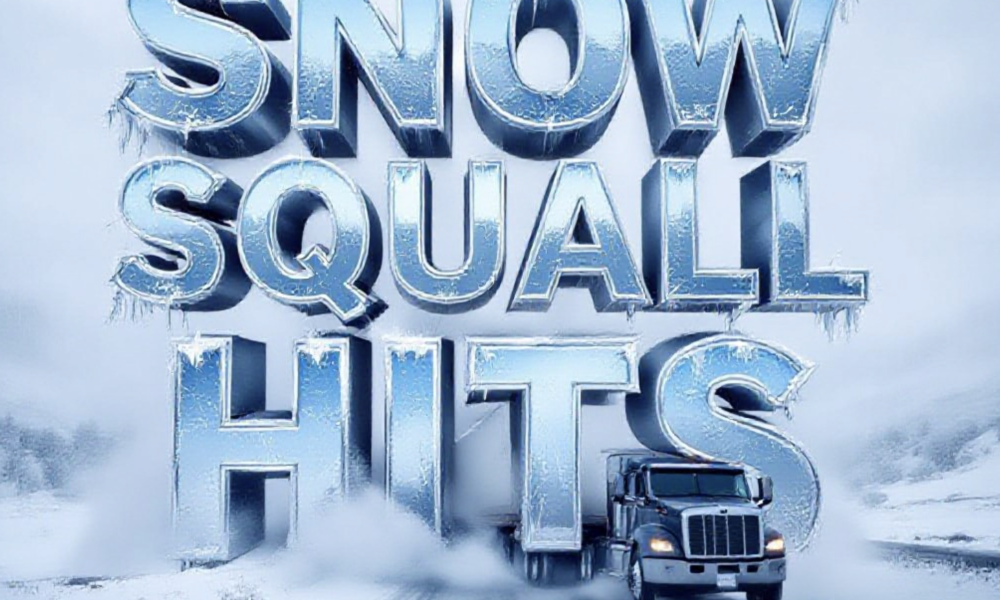 A viral, hyper-realistic YouTube thumbnail with a chaotic winter storm atmosphere. The background is a blinding whiteout blizzard on I-70 near Grand Junction with swirling heavy snow and zero visibility. The composition uses a dramatic low-angle dashcam view to focus on the main subject: a barely visible semi truck sliding on icy road. The image features massive 3D typography with strict hierarchy: The Primary Text reads exactly: 'SNOW SQUALL HITS'. This text is massive, the largest element in the frame, rendered in icy blue chrome with frozen frost effects to look like a high-budget 3D render. The Secondary Text reads exactly: 'GRAND VALLEY WHITEOUT'. This text is significantly smaller, positioned below the main text. It features a thick, glowing red border/outline to contrast against the background. Make sure text 2 is always different theme, style, effect and border compared to text 1. The text materials correspond to the story's concept. Crucial Instruction: There is absolutely NO other text, numbers, watermarks, or subtitles in this image other than these two specific lines. 8k, Unreal Engine 5, cinematic render