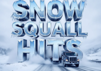 A viral, hyper-realistic YouTube thumbnail with a chaotic winter storm atmosphere. The background is a blinding whiteout blizzard on I-70 near Grand Junction with swirling heavy snow and zero visibility. The composition uses a dramatic low-angle dashcam view to focus on the main subject: a barely visible semi truck sliding on icy road. The image features massive 3D typography with strict hierarchy: The Primary Text reads exactly: 'SNOW SQUALL HITS'. This text is massive, the largest element in the frame, rendered in icy blue chrome with frozen frost effects to look like a high-budget 3D render. The Secondary Text reads exactly: 'GRAND VALLEY WHITEOUT'. This text is significantly smaller, positioned below the main text. It features a thick, glowing red border/outline to contrast against the background. Make sure text 2 is always different theme, style, effect and border compared to text 1. The text materials correspond to the story's concept. Crucial Instruction: There is absolutely NO other text, numbers, watermarks, or subtitles in this image other than these two specific lines. 8k, Unreal Engine 5, cinematic render