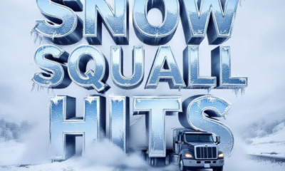 A viral, hyper-realistic YouTube thumbnail with a chaotic winter storm atmosphere. The background is a blinding whiteout blizzard on I-70 near Grand Junction with swirling heavy snow and zero visibility. The composition uses a dramatic low-angle dashcam view to focus on the main subject: a barely visible semi truck sliding on icy road. The image features massive 3D typography with strict hierarchy: The Primary Text reads exactly: 'SNOW SQUALL HITS'. This text is massive, the largest element in the frame, rendered in icy blue chrome with frozen frost effects to look like a high-budget 3D render. The Secondary Text reads exactly: 'GRAND VALLEY WHITEOUT'. This text is significantly smaller, positioned below the main text. It features a thick, glowing red border/outline to contrast against the background. Make sure text 2 is always different theme, style, effect and border compared to text 1. The text materials correspond to the story's concept. Crucial Instruction: There is absolutely NO other text, numbers, watermarks, or subtitles in this image other than these two specific lines. 8k, Unreal Engine 5, cinematic render