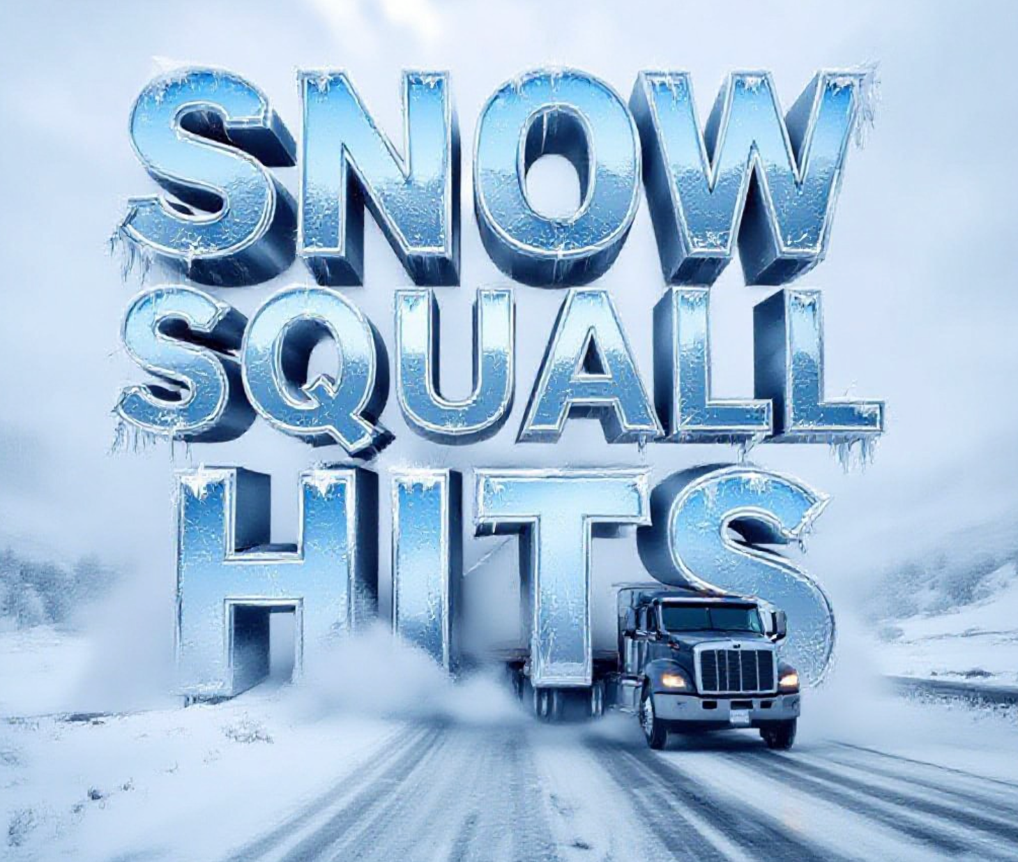 A viral, hyper-realistic YouTube thumbnail with a chaotic winter storm atmosphere. The background is a blinding whiteout blizzard on I-70 near Grand Junction with swirling heavy snow and zero visibility. The composition uses a dramatic low-angle dashcam view to focus on the main subject: a barely visible semi truck sliding on icy road. The image features massive 3D typography with strict hierarchy: The Primary Text reads exactly: 'SNOW SQUALL HITS'. This text is massive, the largest element in the frame, rendered in icy blue chrome with frozen frost effects to look like a high-budget 3D render. The Secondary Text reads exactly: 'GRAND VALLEY WHITEOUT'. This text is significantly smaller, positioned below the main text. It features a thick, glowing red border/outline to contrast against the background. Make sure text 2 is always different theme, style, effect and border compared to text 1. The text materials correspond to the story's concept. Crucial Instruction: There is absolutely NO other text, numbers, watermarks, or subtitles in this image other than these two specific lines. 8k, Unreal Engine 5, cinematic render