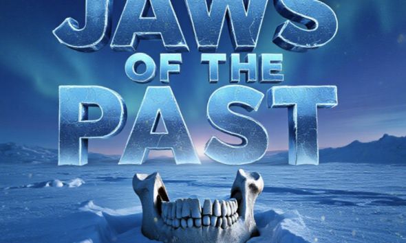 A viral, hyper-realistic YouTube thumbnail with a mysterious ancient archaeology atmosphere. The background is a frozen Siberian plateau at twilight with faint northern lights and wind-blown snow. The composition uses a dramatic low-angle macro shot to focus on the main subject: an ancient human jawbone emerging from blue permafrost ice with two precise drill holes threaded by dark horse tendon. The image features massive 3D typography with strict hierarchy: The Primary Text reads exactly: 'JAWS OF THE PAST'. This text is massive, the largest element in the frame, rendered in frozen ice-blue chrome with cracking ice texture to look like a high-budget 3D render. The Secondary Text reads exactly: '2500 Years Ago'. This text is significantly smaller, positioned below the main text. It features a thick, glowing orange border/outline (ember style) to contrast against the cold background. Make sure text 2 is always different theme, style, effect and border compared to text 1. The text materials correspond to the story's concept. Crucial Instruction: There is absolutely NO other text, numbers, watermarks, or subtitles in this image other than these two specific lines. 8k, Unreal Engine 5, cinematic render