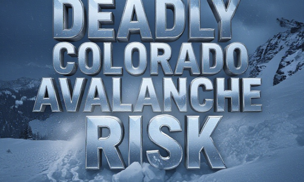 A viral, hyper-realistic YouTube thumbnail with a dark, stormy winter mountain atmosphere. The background is a menacing Colorado high country ridge buried in fresh powder under heavy gray storm clouds with blowing snow and dim blue lighting. The composition uses a dramatic low-angle shot to focus on the main subject: a massive cracked snow slab breaking away from the slope with chunks flying. The image features massive 3D typography with strict hierarchy: The Primary Text reads exactly: 'DEADLY COLORADO AVALANCHE RISK'. This text is massive, the largest element in the frame, rendered in ice-blue chrome with frozen frost edges to look like a high-budget 3D render. The Secondary Text reads exactly: 'Level 3 Danger This Weekend'. This text is significantly smaller, positioned below the main text. It features a thick, glowing red border/outline (sticker style) to contrast against the background. Make sure text 2 is always different theme, style, effect and border compared to text 1. The text materials correspond to the story's concept. Crucial Instruction: There is absolutely NO other text, numbers, watermarks, or subtitles in this image other than these two specific lines. 8k, Unreal Engine 5, cinematic render