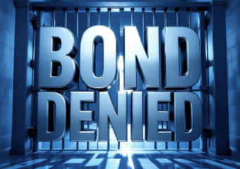 A viral, hyper-realistic YouTube thumbnail with a dramatic political atmosphere. The background is a cold Colorado courthouse hallway at dusk with harsh blue lighting and long shadows. The composition uses a low-angle shot to focus on the main subject: a massive steel prison door slamming shut. The image features massive 3D typography with strict hierarchy: The Primary Text reads exactly: 'BOND DENIED'. This text is massive, the largest element in the frame, rendered in cold chrome metal with sharp edges and realistic reflections. The Secondary Text reads exactly: 'Tina Peters Stays Locked Up'. This text is significantly smaller, positioned below the main text with a bold red outline and slight glow effect to stand out. The text materials correspond to the story's concept. Crucial Instruction: There is absolutely NO other text, numbers, watermarks, or subtitles in this image other than these two specific lines. 8k, Unreal Engine 5, cinematic render.