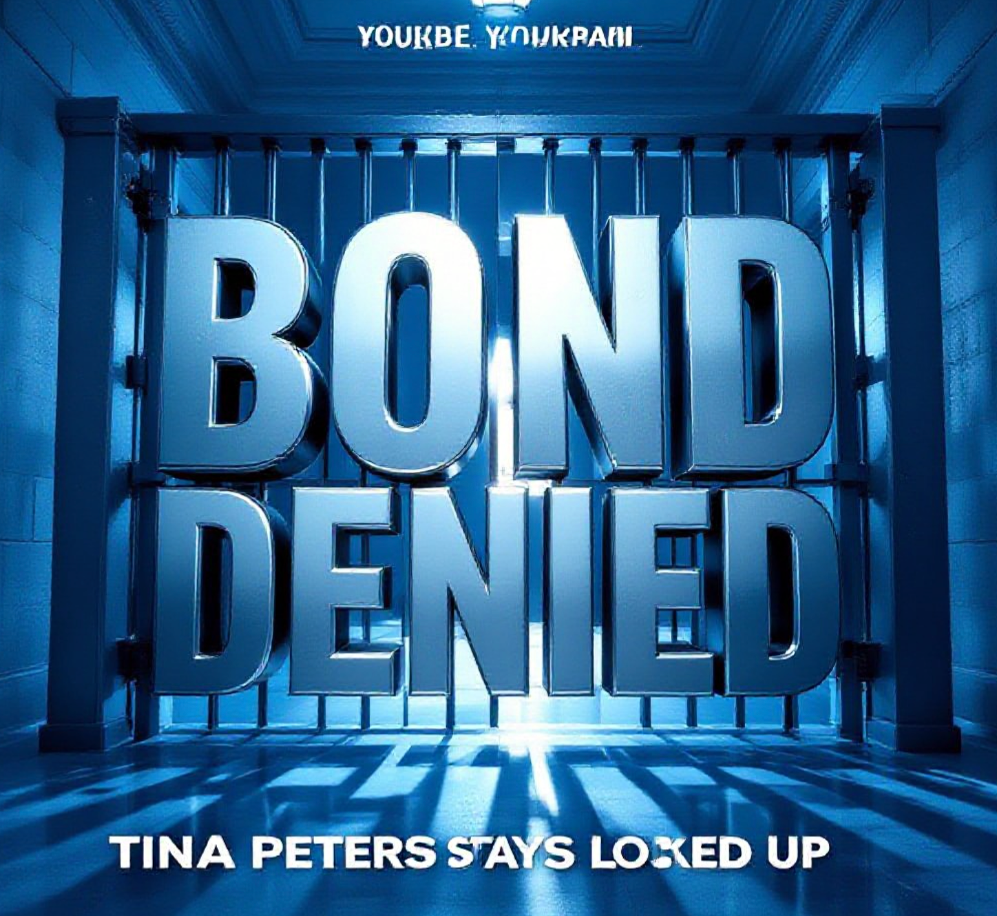 A viral, hyper-realistic YouTube thumbnail with a dramatic political atmosphere. The background is a cold Colorado courthouse hallway at dusk with harsh blue lighting and long shadows. The composition uses a low-angle shot to focus on the main subject: a massive steel prison door slamming shut. The image features massive 3D typography with strict hierarchy: The Primary Text reads exactly: 'BOND DENIED'. This text is massive, the largest element in the frame, rendered in cold chrome metal with sharp edges and realistic reflections. The Secondary Text reads exactly: 'Tina Peters Stays Locked Up'. This text is significantly smaller, positioned below the main text with a bold red outline and slight glow effect to stand out. The text materials correspond to the story's concept. Crucial Instruction: There is absolutely NO other text, numbers, watermarks, or subtitles in this image other than these two specific lines. 8k, Unreal Engine 5, cinematic render.