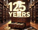 A viral, hyper-realistic YouTube thumbnail with a warm, nostalgic community atmosphere. The background is the sunlit interior of the historic Central Library in Grand Junction with tall wooden bookshelves filled with colorful books and soft golden hour light streaming through large windows. The composition uses a low, slightly wide angle to focus on the main subject: a beautifully restored 1899 wooden library card catalog drawer pulled open with vintage cards spilling out. The image features massive 3D typography with strict hierarchy: The Primary Text reads exactly: '125 YEARS'. This text is massive, the largest element in the frame, rendered in rich antique gold with subtle embossed texture to look like a high-budget 3D render. The Secondary Text reads exactly: 'Community Stories'. This text is significantly smaller, positioned below the main text. It features a thick white border with soft red outline in sticker style to contrast against the warm background. Make sure text 2 is always different theme, style, effect and border compared to text 1. The text materials correspond to the story's concept. Crucial Instruction: There is absolutely NO other text, numbers, watermarks, or subtitles in this image other than these two specific lines. 8k, Unreal Engine 5, cinematic render