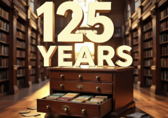 A viral, hyper-realistic YouTube thumbnail with a warm, nostalgic community atmosphere. The background is the sunlit interior of the historic Central Library in Grand Junction with tall wooden bookshelves filled with colorful books and soft golden hour light streaming through large windows. The composition uses a low, slightly wide angle to focus on the main subject: a beautifully restored 1899 wooden library card catalog drawer pulled open with vintage cards spilling out. The image features massive 3D typography with strict hierarchy: The Primary Text reads exactly: '125 YEARS'. This text is massive, the largest element in the frame, rendered in rich antique gold with subtle embossed texture to look like a high-budget 3D render. The Secondary Text reads exactly: 'Community Stories'. This text is significantly smaller, positioned below the main text. It features a thick white border with soft red outline in sticker style to contrast against the warm background. Make sure text 2 is always different theme, style, effect and border compared to text 1. The text materials correspond to the story's concept. Crucial Instruction: There is absolutely NO other text, numbers, watermarks, or subtitles in this image other than these two specific lines. 8k, Unreal Engine 5, cinematic render