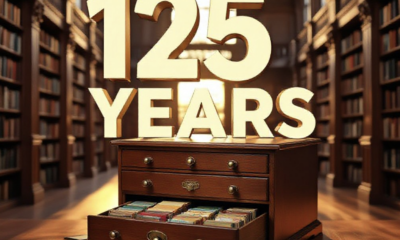 A viral, hyper-realistic YouTube thumbnail with a warm, nostalgic community atmosphere. The background is the sunlit interior of the historic Central Library in Grand Junction with tall wooden bookshelves filled with colorful books and soft golden hour light streaming through large windows. The composition uses a low, slightly wide angle to focus on the main subject: a beautifully restored 1899 wooden library card catalog drawer pulled open with vintage cards spilling out. The image features massive 3D typography with strict hierarchy: The Primary Text reads exactly: '125 YEARS'. This text is massive, the largest element in the frame, rendered in rich antique gold with subtle embossed texture to look like a high-budget 3D render. The Secondary Text reads exactly: 'Community Stories'. This text is significantly smaller, positioned below the main text. It features a thick white border with soft red outline in sticker style to contrast against the warm background. Make sure text 2 is always different theme, style, effect and border compared to text 1. The text materials correspond to the story's concept. Crucial Instruction: There is absolutely NO other text, numbers, watermarks, or subtitles in this image other than these two specific lines. 8k, Unreal Engine 5, cinematic render