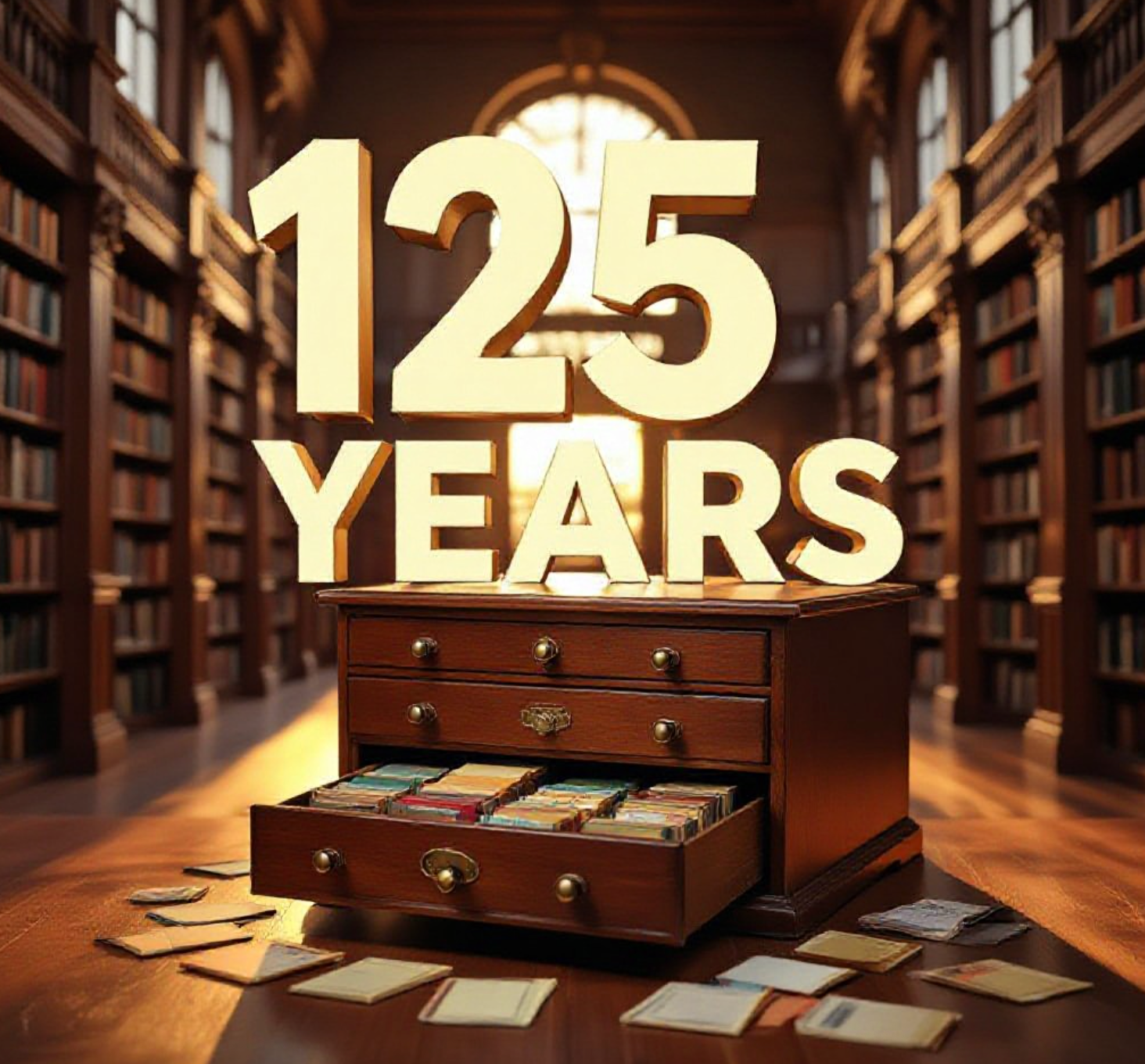 A viral, hyper-realistic YouTube thumbnail with a warm, nostalgic community atmosphere. The background is the sunlit interior of the historic Central Library in Grand Junction with tall wooden bookshelves filled with colorful books and soft golden hour light streaming through large windows. The composition uses a low, slightly wide angle to focus on the main subject: a beautifully restored 1899 wooden library card catalog drawer pulled open with vintage cards spilling out. The image features massive 3D typography with strict hierarchy: The Primary Text reads exactly: '125 YEARS'. This text is massive, the largest element in the frame, rendered in rich antique gold with subtle embossed texture to look like a high-budget 3D render. The Secondary Text reads exactly: 'Community Stories'. This text is significantly smaller, positioned below the main text. It features a thick white border with soft red outline in sticker style to contrast against the warm background. Make sure text 2 is always different theme, style, effect and border compared to text 1. The text materials correspond to the story's concept. Crucial Instruction: There is absolutely NO other text, numbers, watermarks, or subtitles in this image other than these two specific lines. 8k, Unreal Engine 5, cinematic render