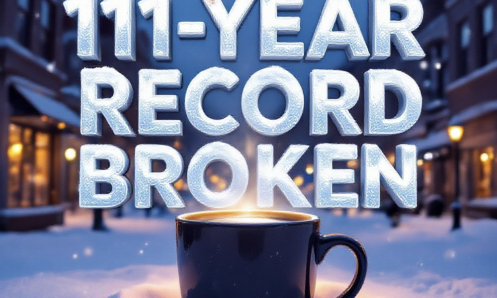 A viral, hyper-realistic YouTube thumbnail with a cozy winter storm atmosphere. The background is downtown Grand Junction buried in fresh snow at golden hour, warm coffee shop windows glowing against the cold blue dusk with snowflakes gently falling. The composition uses a low-angle shot looking up to focus on the main subject: a massive steaming coffee mug planted in deep snow like a victory trophy. The image features massive 3D typography with strict hierarchy: The Primary Text reads exactly: '111-Year Record Broken'. This text is massive, the largest element in the frame, rendered in frosted ice-blue chrome with fresh snow accumulating on the letters to look like a high-budget 3D render. The Secondary Text reads exactly: 'Grand Junction'. This text is significantly smaller, positioned below the main text with a thick orange glowing border like warm coffee shop light to contrast against the cold background. The text materials correspond to the story's concept. Crucial Instruction: There is absolutely NO other text, numbers, watermarks, or subtitles in this image other than these two specific lines. 8k, Unreal Engine 5, cinematic render