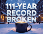 A viral, hyper-realistic YouTube thumbnail with a cozy winter storm atmosphere. The background is downtown Grand Junction buried in fresh snow at golden hour, warm coffee shop windows glowing against the cold blue dusk with snowflakes gently falling. The composition uses a low-angle shot looking up to focus on the main subject: a massive steaming coffee mug planted in deep snow like a victory trophy. The image features massive 3D typography with strict hierarchy: The Primary Text reads exactly: '111-Year Record Broken'. This text is massive, the largest element in the frame, rendered in frosted ice-blue chrome with fresh snow accumulating on the letters to look like a high-budget 3D render. The Secondary Text reads exactly: 'Grand Junction'. This text is significantly smaller, positioned below the main text with a thick orange glowing border like warm coffee shop light to contrast against the cold background. The text materials correspond to the story's concept. Crucial Instruction: There is absolutely NO other text, numbers, watermarks, or subtitles in this image other than these two specific lines. 8k, Unreal Engine 5, cinematic render
