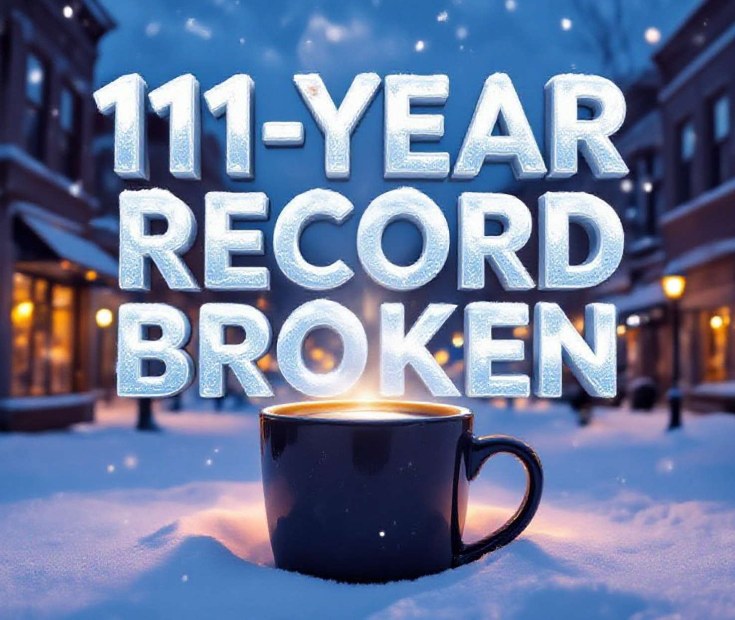 A viral, hyper-realistic YouTube thumbnail with a cozy winter storm atmosphere. The background is downtown Grand Junction buried in fresh snow at golden hour, warm coffee shop windows glowing against the cold blue dusk with snowflakes gently falling. The composition uses a low-angle shot looking up to focus on the main subject: a massive steaming coffee mug planted in deep snow like a victory trophy. The image features massive 3D typography with strict hierarchy: The Primary Text reads exactly: '111-Year Record Broken'. This text is massive, the largest element in the frame, rendered in frosted ice-blue chrome with fresh snow accumulating on the letters to look like a high-budget 3D render. The Secondary Text reads exactly: 'Grand Junction'. This text is significantly smaller, positioned below the main text with a thick orange glowing border like warm coffee shop light to contrast against the cold background. The text materials correspond to the story's concept. Crucial Instruction: There is absolutely NO other text, numbers, watermarks, or subtitles in this image other than these two specific lines. 8k, Unreal Engine 5, cinematic render