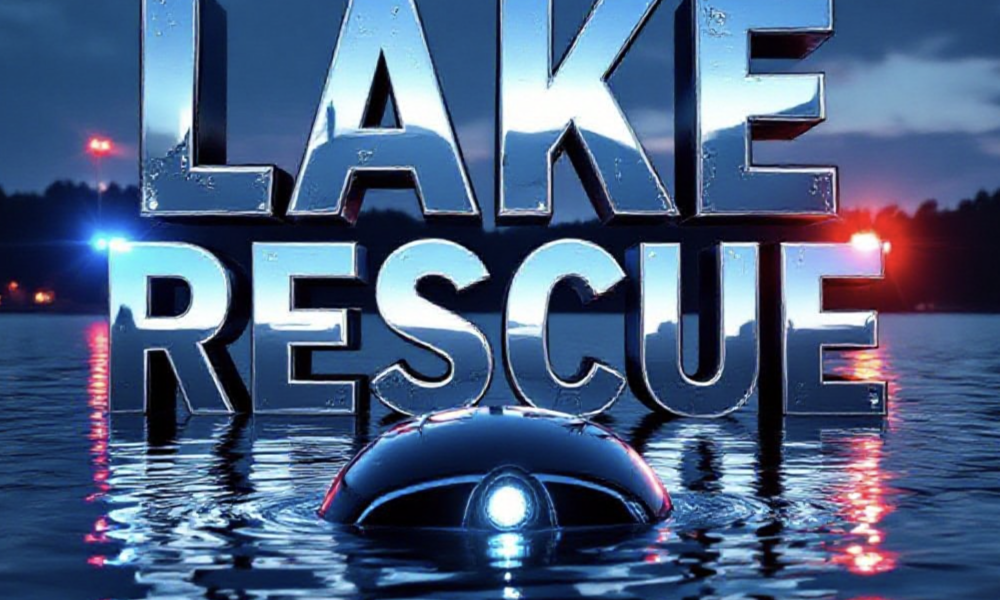 A viral, hyper-realistic YouTube thumbnail with a Cinematic News atmosphere. The background is a Prospect Lake at dusk with emergency lights reflecting on water with Dramatic Blue and Red Police Lighting. The composition uses a Low Angle to focus on the main subject: a Submerged Sedan Headlight breaking the water surface. The image features massive 3D typography with strict hierarchy: The Primary Text reads exactly: 'LAKE RESCUE'. This text is massive, the largest element in the frame, rendered in Chrome Water Droplets to look like a high-budget 3D render. The Secondary Text reads exactly: 'DRIVER CRITICAL'. This text is significantly smaller, positioned below or next to the main text. It features a thick, distinct color border/outline (sticker style) to contrast against the background. Make sure text 2 is always different theme, style, effect and border compared to text 1.