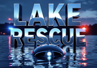 A viral, hyper-realistic YouTube thumbnail with a Cinematic News atmosphere. The background is a Prospect Lake at dusk with emergency lights reflecting on water with Dramatic Blue and Red Police Lighting. The composition uses a Low Angle to focus on the main subject: a Submerged Sedan Headlight breaking the water surface. The image features massive 3D typography with strict hierarchy: The Primary Text reads exactly: 'LAKE RESCUE'. This text is massive, the largest element in the frame, rendered in Chrome Water Droplets to look like a high-budget 3D render. The Secondary Text reads exactly: 'DRIVER CRITICAL'. This text is significantly smaller, positioned below or next to the main text. It features a thick, distinct color border/outline (sticker style) to contrast against the background. Make sure text 2 is always different theme, style, effect and border compared to text 1.