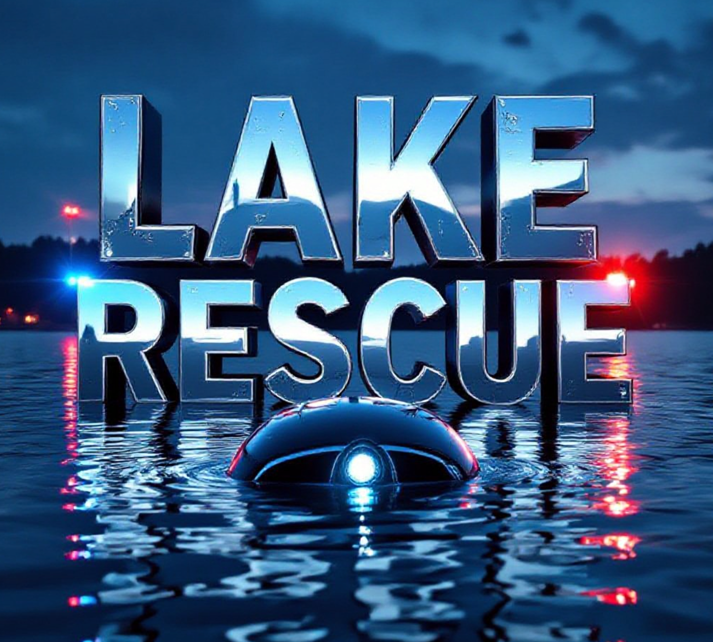 A viral, hyper-realistic YouTube thumbnail with a Cinematic News atmosphere. The background is a Prospect Lake at dusk with emergency lights reflecting on water with Dramatic Blue and Red Police Lighting. The composition uses a Low Angle to focus on the main subject: a Submerged Sedan Headlight breaking the water surface. The image features massive 3D typography with strict hierarchy: The Primary Text reads exactly: 'LAKE RESCUE'. This text is massive, the largest element in the frame, rendered in Chrome Water Droplets to look like a high-budget 3D render. The Secondary Text reads exactly: 'DRIVER CRITICAL'. This text is significantly smaller, positioned below or next to the main text. It features a thick, distinct color border/outline (sticker style) to contrast against the background. Make sure text 2 is always different theme, style, effect and border compared to text 1.