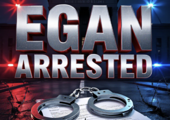 A viral, hyper-realistic YouTube thumbnail with a tense crime-news atmosphere. The background is a dark Mesa County courthouse at night with red and blue police lights flashing across wet pavement and barbed wire in the foreground. The composition uses a dramatic low-angle shot to focus on the main subject: a pair of steel handcuffs locked around a cracked protection order document. The image features massive 3D typography with strict hierarchy: The Primary Text reads exactly: 'EGAN ARRESTED AGAIN'. This text is massive, the largest element in the frame, rendered in cold chrome metal with glowing red edges to look like a high-budget 3D render. The Secondary Text reads exactly: 'Protection Order Breach'. This text is significantly smaller, positioned below the main text. It features a thick white border with red outline sticker style to contrast against the dark background. Make sure text 2 is always different theme, style, effect and border compared to text 1. The text materials correspond to the story's concept. Crucial Instruction: There is absolutely NO other text, numbers, watermarks, or subtitles in this image other than these two specific lines. 8k, Unreal Engine 5, cinematic render