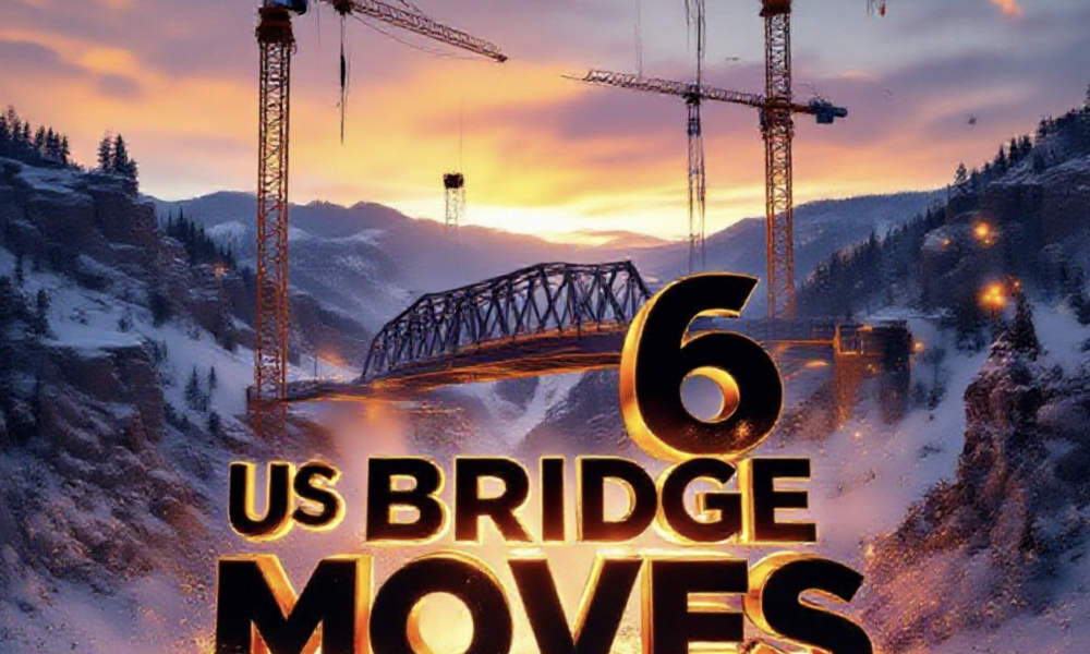 A viral, hyper-realistic YouTube thumbnail with a dramatic construction atmosphere. The background is a snowy Colorado canyon at golden hour with massive orange cranes and floodlights illuminating the scene. The composition uses a low dramatic camera angle to focus on the main subject: a gigantic 800-ton steel bridge mid-slide on hydraulic tracks, dust and sparks flying. The image features massive 3D typography with strict hierarchy: The Primary Text reads exactly: 'US 6 BRIDGE MOVES'. This text is massive, the largest element in the frame, rendered in glowing molten steel with flying embers to look like a high-budget 3D render. The Secondary Text reads exactly: '4-Day Total Shutdown'. This text is significantly smaller, positioned below the main text. It features a thick white border with red caution-tape style overlay to contrast against the background. Crucial Instruction: There is absolutely NO other text, numbers, watermarks, or subtitles in this image other than these two specific lines. 8k, Unreal Engine 5, cinematic render.