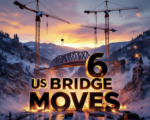 A viral, hyper-realistic YouTube thumbnail with a dramatic construction atmosphere. The background is a snowy Colorado canyon at golden hour with massive orange cranes and floodlights illuminating the scene. The composition uses a low dramatic camera angle to focus on the main subject: a gigantic 800-ton steel bridge mid-slide on hydraulic tracks, dust and sparks flying. The image features massive 3D typography with strict hierarchy: The Primary Text reads exactly: 'US 6 BRIDGE MOVES'. This text is massive, the largest element in the frame, rendered in glowing molten steel with flying embers to look like a high-budget 3D render. The Secondary Text reads exactly: '4-Day Total Shutdown'. This text is significantly smaller, positioned below the main text. It features a thick white border with red caution-tape style overlay to contrast against the background. Crucial Instruction: There is absolutely NO other text, numbers, watermarks, or subtitles in this image other than these two specific lines. 8k, Unreal Engine 5, cinematic render.