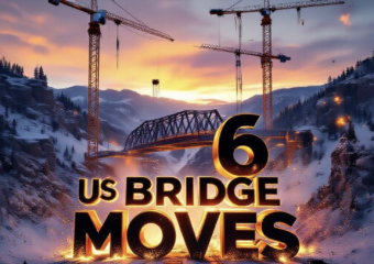 A viral, hyper-realistic YouTube thumbnail with a dramatic construction atmosphere. The background is a snowy Colorado canyon at golden hour with massive orange cranes and floodlights illuminating the scene. The composition uses a low dramatic camera angle to focus on the main subject: a gigantic 800-ton steel bridge mid-slide on hydraulic tracks, dust and sparks flying. The image features massive 3D typography with strict hierarchy: The Primary Text reads exactly: 'US 6 BRIDGE MOVES'. This text is massive, the largest element in the frame, rendered in glowing molten steel with flying embers to look like a high-budget 3D render. The Secondary Text reads exactly: '4-Day Total Shutdown'. This text is significantly smaller, positioned below the main text. It features a thick white border with red caution-tape style overlay to contrast against the background. Crucial Instruction: There is absolutely NO other text, numbers, watermarks, or subtitles in this image other than these two specific lines. 8k, Unreal Engine 5, cinematic render.