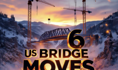 A viral, hyper-realistic YouTube thumbnail with a dramatic construction atmosphere. The background is a snowy Colorado canyon at golden hour with massive orange cranes and floodlights illuminating the scene. The composition uses a low dramatic camera angle to focus on the main subject: a gigantic 800-ton steel bridge mid-slide on hydraulic tracks, dust and sparks flying. The image features massive 3D typography with strict hierarchy: The Primary Text reads exactly: 'US 6 BRIDGE MOVES'. This text is massive, the largest element in the frame, rendered in glowing molten steel with flying embers to look like a high-budget 3D render. The Secondary Text reads exactly: '4-Day Total Shutdown'. This text is significantly smaller, positioned below the main text. It features a thick white border with red caution-tape style overlay to contrast against the background. Crucial Instruction: There is absolutely NO other text, numbers, watermarks, or subtitles in this image other than these two specific lines. 8k, Unreal Engine 5, cinematic render.