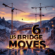 A viral, hyper-realistic YouTube thumbnail with a dramatic construction atmosphere. The background is a snowy Colorado canyon at golden hour with massive orange cranes and floodlights illuminating the scene. The composition uses a low dramatic camera angle to focus on the main subject: a gigantic 800-ton steel bridge mid-slide on hydraulic tracks, dust and sparks flying. The image features massive 3D typography with strict hierarchy: The Primary Text reads exactly: 'US 6 BRIDGE MOVES'. This text is massive, the largest element in the frame, rendered in glowing molten steel with flying embers to look like a high-budget 3D render. The Secondary Text reads exactly: '4-Day Total Shutdown'. This text is significantly smaller, positioned below the main text. It features a thick white border with red caution-tape style overlay to contrast against the background. Crucial Instruction: There is absolutely NO other text, numbers, watermarks, or subtitles in this image other than these two specific lines. 8k, Unreal Engine 5, cinematic render.