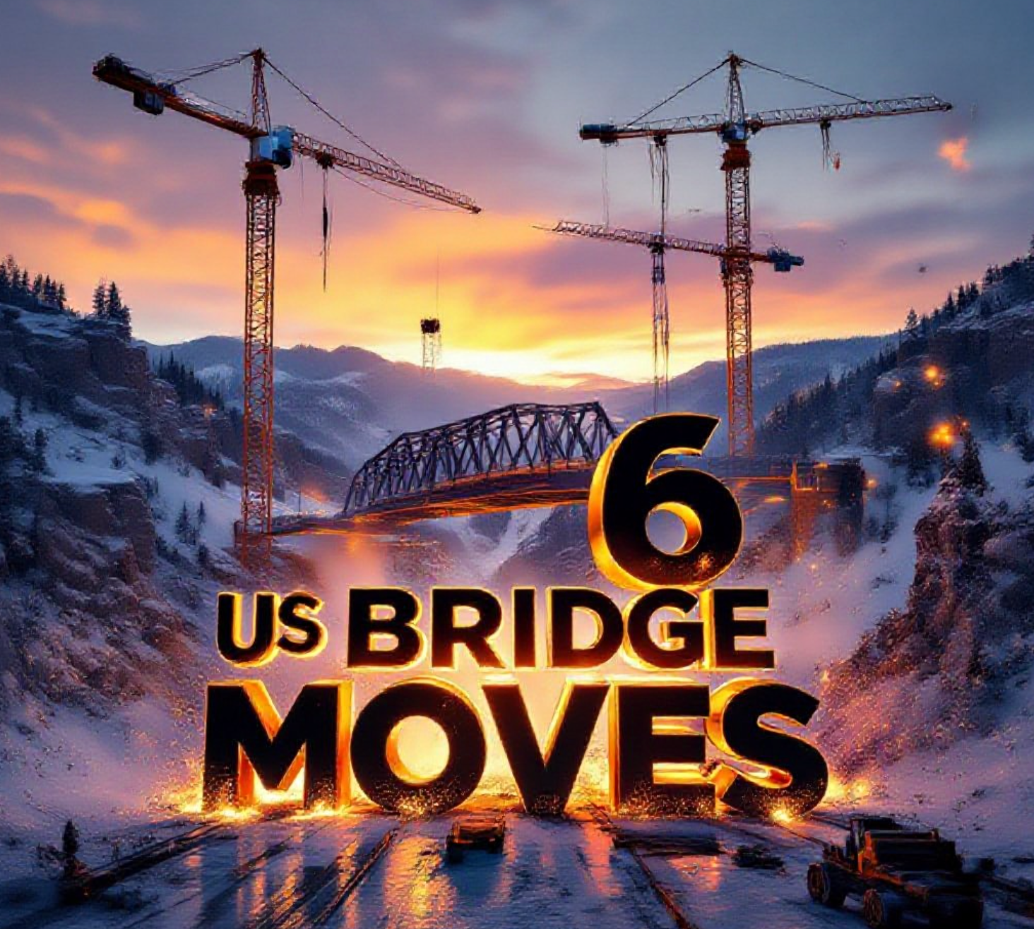 A viral, hyper-realistic YouTube thumbnail with a dramatic construction atmosphere. The background is a snowy Colorado canyon at golden hour with massive orange cranes and floodlights illuminating the scene. The composition uses a low dramatic camera angle to focus on the main subject: a gigantic 800-ton steel bridge mid-slide on hydraulic tracks, dust and sparks flying. The image features massive 3D typography with strict hierarchy: The Primary Text reads exactly: 'US 6 BRIDGE MOVES'. This text is massive, the largest element in the frame, rendered in glowing molten steel with flying embers to look like a high-budget 3D render. The Secondary Text reads exactly: '4-Day Total Shutdown'. This text is significantly smaller, positioned below the main text. It features a thick white border with red caution-tape style overlay to contrast against the background. Crucial Instruction: There is absolutely NO other text, numbers, watermarks, or subtitles in this image other than these two specific lines. 8k, Unreal Engine 5, cinematic render.