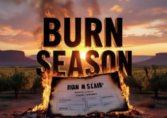 A viral, hyper-realistic YouTube thumbnail with a dramatic Western Colorado sunset atmosphere. The background is a vast Grand Valley landscape with orchards and red rock mesas glowing under golden hour light with subtle smoke trails rising in the distance. The composition uses a low dramatic angle to focus on the main subject: a large, weathered burn permit document dramatically burning at the edges while remaining perfectly legible. The image features massive 3D typography with strict hierarchy: The Primary Text reads exactly: 'BURN SEASON STARTS'. This text is massive, the largest element in the frame, rendered in molten orange chrome with glowing ember edges to look like a high-budget 3D render. The Secondary Text reads exactly: 'MARCH 1'. This text is significantly smaller, positioned below the main text with a thick white outline and red glow border to contrast against the smoky background. The text materials correspond to the story's concept. Crucial Instruction: There is absolutely NO other text, numbers, watermarks, or subtitles in this image other than these two specific lines. 8k, Unreal Engine 5, cinematic render
