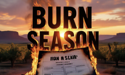 A viral, hyper-realistic YouTube thumbnail with a dramatic Western Colorado sunset atmosphere. The background is a vast Grand Valley landscape with orchards and red rock mesas glowing under golden hour light with subtle smoke trails rising in the distance. The composition uses a low dramatic angle to focus on the main subject: a large, weathered burn permit document dramatically burning at the edges while remaining perfectly legible. The image features massive 3D typography with strict hierarchy: The Primary Text reads exactly: 'BURN SEASON STARTS'. This text is massive, the largest element in the frame, rendered in molten orange chrome with glowing ember edges to look like a high-budget 3D render. The Secondary Text reads exactly: 'MARCH 1'. This text is significantly smaller, positioned below the main text with a thick white outline and red glow border to contrast against the smoky background. The text materials correspond to the story's concept. Crucial Instruction: There is absolutely NO other text, numbers, watermarks, or subtitles in this image other than these two specific lines. 8k, Unreal Engine 5, cinematic render