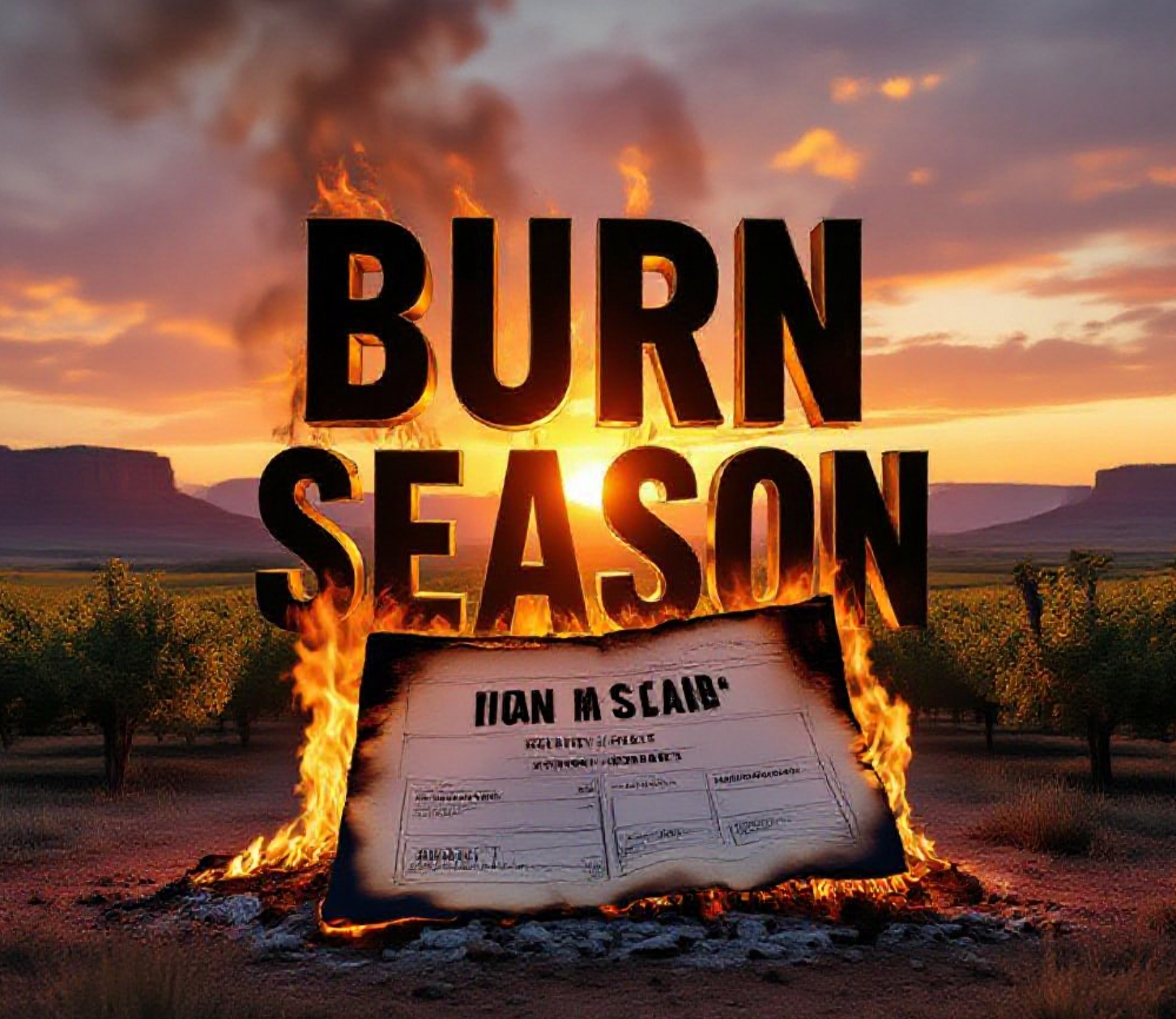A viral, hyper-realistic YouTube thumbnail with a dramatic Western Colorado sunset atmosphere. The background is a vast Grand Valley landscape with orchards and red rock mesas glowing under golden hour light with subtle smoke trails rising in the distance. The composition uses a low dramatic angle to focus on the main subject: a large, weathered burn permit document dramatically burning at the edges while remaining perfectly legible. The image features massive 3D typography with strict hierarchy: The Primary Text reads exactly: 'BURN SEASON STARTS'. This text is massive, the largest element in the frame, rendered in molten orange chrome with glowing ember edges to look like a high-budget 3D render. The Secondary Text reads exactly: 'MARCH 1'. This text is significantly smaller, positioned below the main text with a thick white outline and red glow border to contrast against the smoky background. The text materials correspond to the story's concept. Crucial Instruction: There is absolutely NO other text, numbers, watermarks, or subtitles in this image other than these two specific lines. 8k, Unreal Engine 5, cinematic render