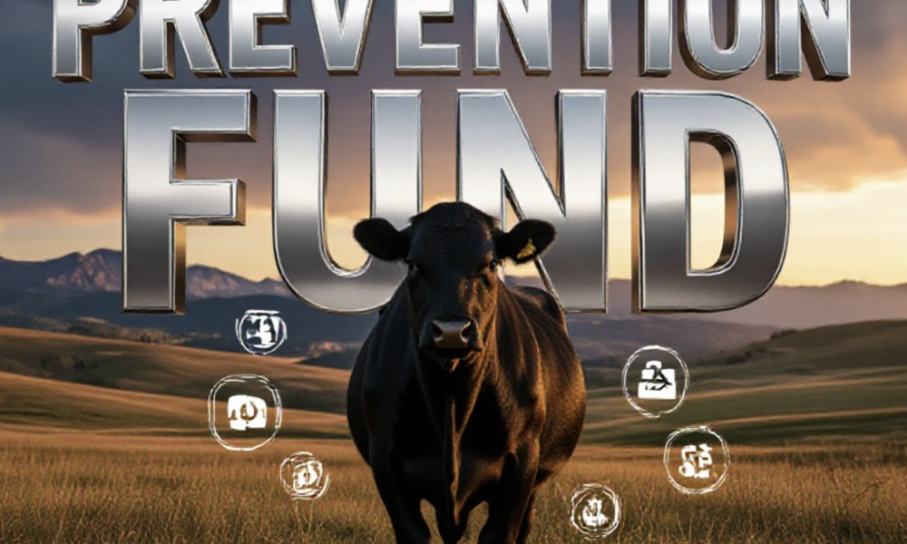 A viral, hyper-realistic YouTube thumbnail with a dramatic rural Colorado atmosphere. The background is a vast Western ranch at golden hour with rolling hills and distant Rocky Mountains under a stormy sky beginning to clear. The composition uses a low dramatic angle to focus on the main subject: a powerful, healthy black Angus cow standing strong in the foreground with subtle medical testing icons floating like protective shields around it. The image features massive 3D typography with strict hierarchy: The Primary Text reads exactly: 'PREVENTION FUND'. This text is massive, the largest element in the frame, rendered in polished chrome steel with Colorado state outline embossed to look like a high-budget 3D render. The Secondary Text reads exactly: 'SAVES HERDS'. This text is significantly smaller, positioned below the main text with a thick red warning-style outline and slight glow effect to contrast against the sky. The text materials correspond to the story's concept. Crucial Instruction: There is absolutely NO other text, numbers, watermarks, or subtitles in this image other than these two specific lines. 8k, Unreal Engine 5, cinematic render
