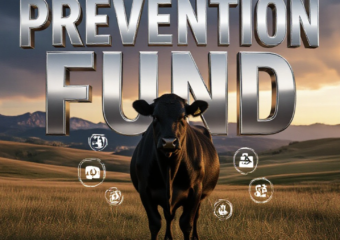 A viral, hyper-realistic YouTube thumbnail with a dramatic rural Colorado atmosphere. The background is a vast Western ranch at golden hour with rolling hills and distant Rocky Mountains under a stormy sky beginning to clear. The composition uses a low dramatic angle to focus on the main subject: a powerful, healthy black Angus cow standing strong in the foreground with subtle medical testing icons floating like protective shields around it. The image features massive 3D typography with strict hierarchy: The Primary Text reads exactly: 'PREVENTION FUND'. This text is massive, the largest element in the frame, rendered in polished chrome steel with Colorado state outline embossed to look like a high-budget 3D render. The Secondary Text reads exactly: 'SAVES HERDS'. This text is significantly smaller, positioned below the main text with a thick red warning-style outline and slight glow effect to contrast against the sky. The text materials correspond to the story's concept. Crucial Instruction: There is absolutely NO other text, numbers, watermarks, or subtitles in this image other than these two specific lines. 8k, Unreal Engine 5, cinematic render