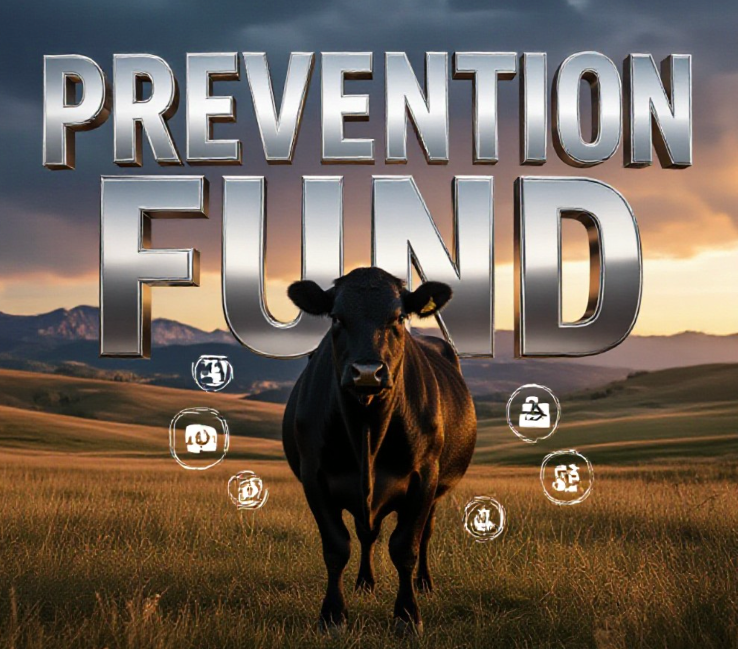 A viral, hyper-realistic YouTube thumbnail with a dramatic rural Colorado atmosphere. The background is a vast Western ranch at golden hour with rolling hills and distant Rocky Mountains under a stormy sky beginning to clear. The composition uses a low dramatic angle to focus on the main subject: a powerful, healthy black Angus cow standing strong in the foreground with subtle medical testing icons floating like protective shields around it. The image features massive 3D typography with strict hierarchy: The Primary Text reads exactly: 'PREVENTION FUND'. This text is massive, the largest element in the frame, rendered in polished chrome steel with Colorado state outline embossed to look like a high-budget 3D render. The Secondary Text reads exactly: 'SAVES HERDS'. This text is significantly smaller, positioned below the main text with a thick red warning-style outline and slight glow effect to contrast against the sky. The text materials correspond to the story's concept. Crucial Instruction: There is absolutely NO other text, numbers, watermarks, or subtitles in this image other than these two specific lines. 8k, Unreal Engine 5, cinematic render