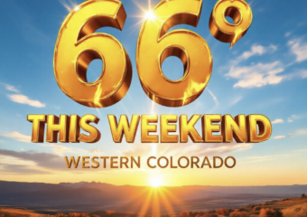 A viral, hyper-realistic YouTube thumbnail with a bright, golden-hour autumn atmosphere. The background is a sweeping panoramic view of the Grand Mesa and Colorado National Monument bathed in warm sunset light with clear blue skies above. The composition uses a dramatic low-angle shot looking up at massive 3D typography floating in the sky. The Primary Text reads exactly: '66° THIS WEEKEND'. This text is massive, rendered in glowing molten gold with realistic light rays bursting through the letters like a high-budget cinematic render. The Secondary Text reads exactly: 'Western Colorado'. This text is smaller, positioned below in bold white with thick red outline sticker style. Crucial Instruction: There is absolutely NO other text, numbers, watermarks, or subtitles in this image other than these two specific lines. 8k, Unreal Engine 5, cinematic render