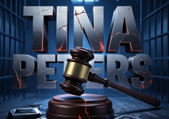 A viral, hyper-realistic YouTube thumbnail with a dramatic political-crisis atmosphere. The background is a dark Colorado courtroom dissolving into prison bars under cold blue emergency lighting. The composition uses a low-angle dramatic shot to focus on the main subject: a massive cracked gavel slamming down onto shattered voting machine hard drives. The image features massive 3D typography with strict hierarchy: The Primary Text reads exactly: 'TINA PETERS'. This text is massive, the largest element in the frame, rendered in cold forged steel with glowing red cracks running through the letters like broken trust. The Secondary Text reads exactly: 'BOND DENIED'. This text is significantly smaller, positioned below the main text with a thick white outline and red sticker-style border to scream urgency against the dark background. The text materials correspond to the story's concept. Crucial Instruction: There is absolutely NO other text, numbers, watermarks, or subtitles in this image other than these two specific lines. 8k, Unreal Engine 5, cinematic render