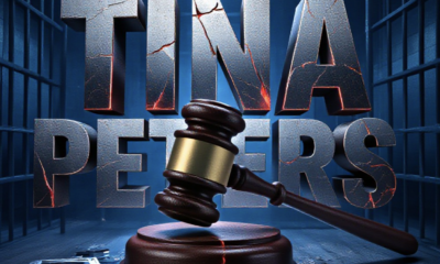 A viral, hyper-realistic YouTube thumbnail with a dramatic political-crisis atmosphere. The background is a dark Colorado courtroom dissolving into prison bars under cold blue emergency lighting. The composition uses a low-angle dramatic shot to focus on the main subject: a massive cracked gavel slamming down onto shattered voting machine hard drives. The image features massive 3D typography with strict hierarchy: The Primary Text reads exactly: 'TINA PETERS'. This text is massive, the largest element in the frame, rendered in cold forged steel with glowing red cracks running through the letters like broken trust. The Secondary Text reads exactly: 'BOND DENIED'. This text is significantly smaller, positioned below the main text with a thick white outline and red sticker-style border to scream urgency against the dark background. The text materials correspond to the story's concept. Crucial Instruction: There is absolutely NO other text, numbers, watermarks, or subtitles in this image other than these two specific lines. 8k, Unreal Engine 5, cinematic render