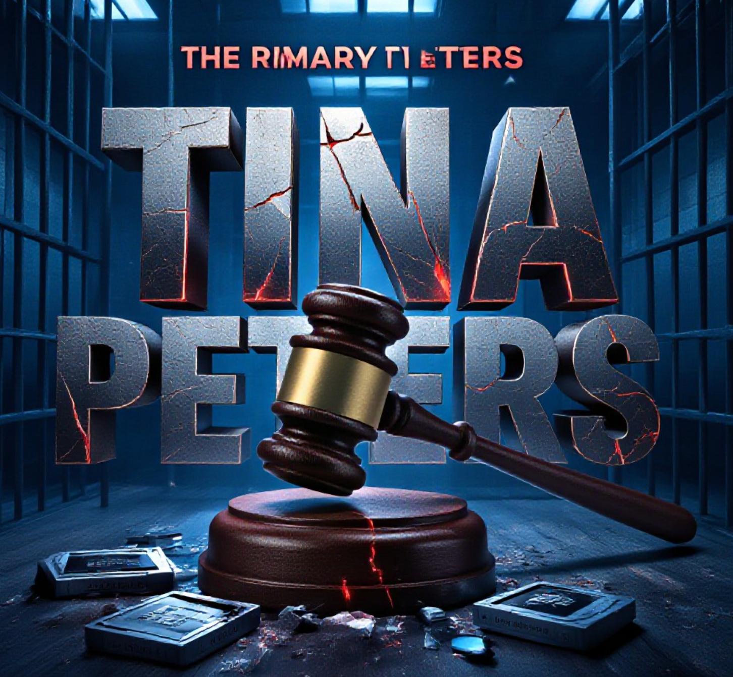 A viral, hyper-realistic YouTube thumbnail with a dramatic political-crisis atmosphere. The background is a dark Colorado courtroom dissolving into prison bars under cold blue emergency lighting. The composition uses a low-angle dramatic shot to focus on the main subject: a massive cracked gavel slamming down onto shattered voting machine hard drives. The image features massive 3D typography with strict hierarchy: The Primary Text reads exactly: 'TINA PETERS'. This text is massive, the largest element in the frame, rendered in cold forged steel with glowing red cracks running through the letters like broken trust. The Secondary Text reads exactly: 'BOND DENIED'. This text is significantly smaller, positioned below the main text with a thick white outline and red sticker-style border to scream urgency against the dark background. The text materials correspond to the story's concept. Crucial Instruction: There is absolutely NO other text, numbers, watermarks, or subtitles in this image other than these two specific lines. 8k, Unreal Engine 5, cinematic render