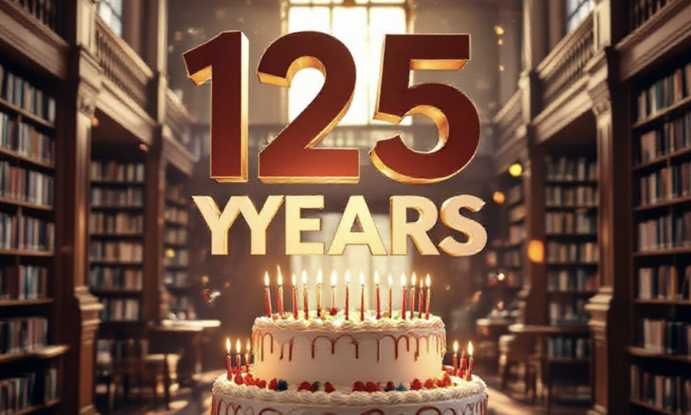 A viral, hyper-realistic YouTube thumbnail with a warm, nostalgic community celebration atmosphere. The background is the sunlit interior of the Grand Junction Central Library with towering wooden bookshelves filled with colorful books, soft golden hour light streaming through tall windows, and subtle confetti in the air. The composition uses a dramatic low-angle shot to focus on the main subject: a massive, beautifully frosted three-layer birthday cake on a library table with "125" candles glowing. The image features massive 3D typography with strict hierarchy: The Primary Text reads exactly: '125 YEARS'. This text is massive, the largest element in the frame, rendered in elegant gold chrome with subtle sparkles to look like a high-budget 3D render. The Secondary Text reads exactly: 'Mesa County Libraries'. This text is significantly smaller, positioned below the main text. It features a thick white outline with soft red sticker-style border to pop against the warm background. The text materials correspond to the story's concept. Crucial Instruction: There is absolutely NO other text, numbers, watermarks, or subtitles in this image other than these two specific lines. 8k, Unreal Engine 5, cinematic render