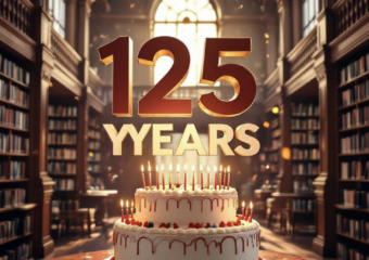 A viral, hyper-realistic YouTube thumbnail with a warm, nostalgic community celebration atmosphere. The background is the sunlit interior of the Grand Junction Central Library with towering wooden bookshelves filled with colorful books, soft golden hour light streaming through tall windows, and subtle confetti in the air. The composition uses a dramatic low-angle shot to focus on the main subject: a massive, beautifully frosted three-layer birthday cake on a library table with "125" candles glowing. The image features massive 3D typography with strict hierarchy: The Primary Text reads exactly: '125 YEARS'. This text is massive, the largest element in the frame, rendered in elegant gold chrome with subtle sparkles to look like a high-budget 3D render. The Secondary Text reads exactly: 'Mesa County Libraries'. This text is significantly smaller, positioned below the main text. It features a thick white outline with soft red sticker-style border to pop against the warm background. The text materials correspond to the story's concept. Crucial Instruction: There is absolutely NO other text, numbers, watermarks, or subtitles in this image other than these two specific lines. 8k, Unreal Engine 5, cinematic render
