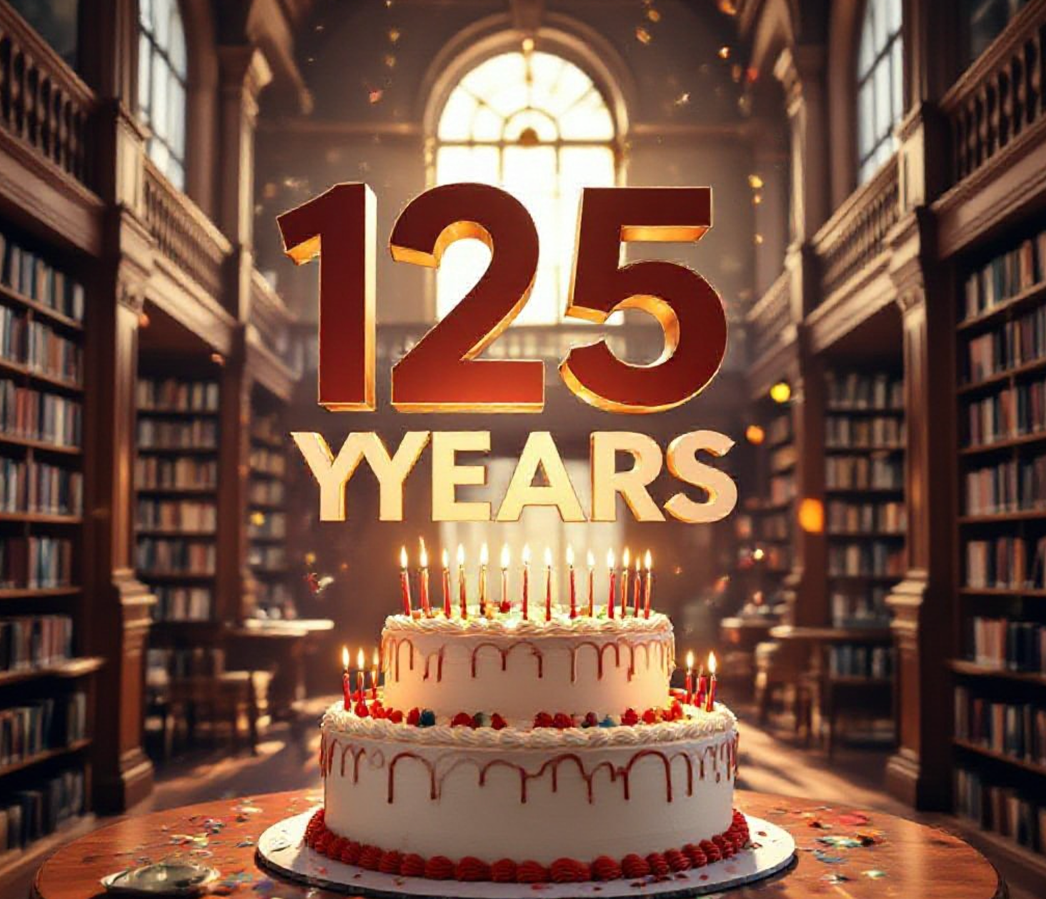 A viral, hyper-realistic YouTube thumbnail with a warm, nostalgic community celebration atmosphere. The background is the sunlit interior of the Grand Junction Central Library with towering wooden bookshelves filled with colorful books, soft golden hour light streaming through tall windows, and subtle confetti in the air. The composition uses a dramatic low-angle shot to focus on the main subject: a massive, beautifully frosted three-layer birthday cake on a library table with "125" candles glowing. The image features massive 3D typography with strict hierarchy: The Primary Text reads exactly: '125 YEARS'. This text is massive, the largest element in the frame, rendered in elegant gold chrome with subtle sparkles to look like a high-budget 3D render. The Secondary Text reads exactly: 'Mesa County Libraries'. This text is significantly smaller, positioned below the main text. It features a thick white outline with soft red sticker-style border to pop against the warm background. The text materials correspond to the story's concept. Crucial Instruction: There is absolutely NO other text, numbers, watermarks, or subtitles in this image other than these two specific lines. 8k, Unreal Engine 5, cinematic render