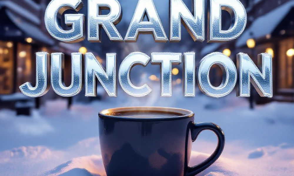 A viral, hyper-realistic YouTube thumbnail with a cozy winter blizzard atmosphere. The background is downtown Grand Junction buried in fresh white snow at golden hour with warm coffee shop windows glowing from inside. The composition uses a low-angle cinematic shot to focus on the main subject: a steaming oversized coffee mug placed prominently in thick snow with visible heat waves rising. The image features massive 3D typography with strict hierarchy: The Primary Text reads exactly: 'GRAND JUNCTION'. This text is massive, the largest element in the frame, rendered in icy blue chrome with frosty condensation effects to look like a high-budget 3D render. The Secondary Text reads exactly: 'RECORD SNOW'. This text is significantly smaller, positioned below the main text with a bold red sticker-style outline and subtle falling snow particles over it. The text materials correspond to the story's concept. Crucial Instruction: There is absolutely NO other text, numbers, watermarks, or subtitles in this image other than these two specific lines. 8k, Unreal Engine 5, cinematic render.