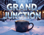 A viral, hyper-realistic YouTube thumbnail with a cozy winter blizzard atmosphere. The background is downtown Grand Junction buried in fresh white snow at golden hour with warm coffee shop windows glowing from inside. The composition uses a low-angle cinematic shot to focus on the main subject: a steaming oversized coffee mug placed prominently in thick snow with visible heat waves rising. The image features massive 3D typography with strict hierarchy: The Primary Text reads exactly: 'GRAND JUNCTION'. This text is massive, the largest element in the frame, rendered in icy blue chrome with frosty condensation effects to look like a high-budget 3D render. The Secondary Text reads exactly: 'RECORD SNOW'. This text is significantly smaller, positioned below the main text with a bold red sticker-style outline and subtle falling snow particles over it. The text materials correspond to the story's concept. Crucial Instruction: There is absolutely NO other text, numbers, watermarks, or subtitles in this image other than these two specific lines. 8k, Unreal Engine 5, cinematic render.