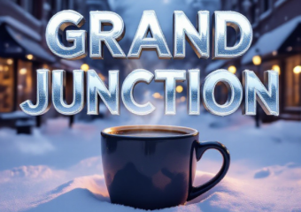 A viral, hyper-realistic YouTube thumbnail with a cozy winter blizzard atmosphere. The background is downtown Grand Junction buried in fresh white snow at golden hour with warm coffee shop windows glowing from inside. The composition uses a low-angle cinematic shot to focus on the main subject: a steaming oversized coffee mug placed prominently in thick snow with visible heat waves rising. The image features massive 3D typography with strict hierarchy: The Primary Text reads exactly: 'GRAND JUNCTION'. This text is massive, the largest element in the frame, rendered in icy blue chrome with frosty condensation effects to look like a high-budget 3D render. The Secondary Text reads exactly: 'RECORD SNOW'. This text is significantly smaller, positioned below the main text with a bold red sticker-style outline and subtle falling snow particles over it. The text materials correspond to the story's concept. Crucial Instruction: There is absolutely NO other text, numbers, watermarks, or subtitles in this image other than these two specific lines. 8k, Unreal Engine 5, cinematic render.