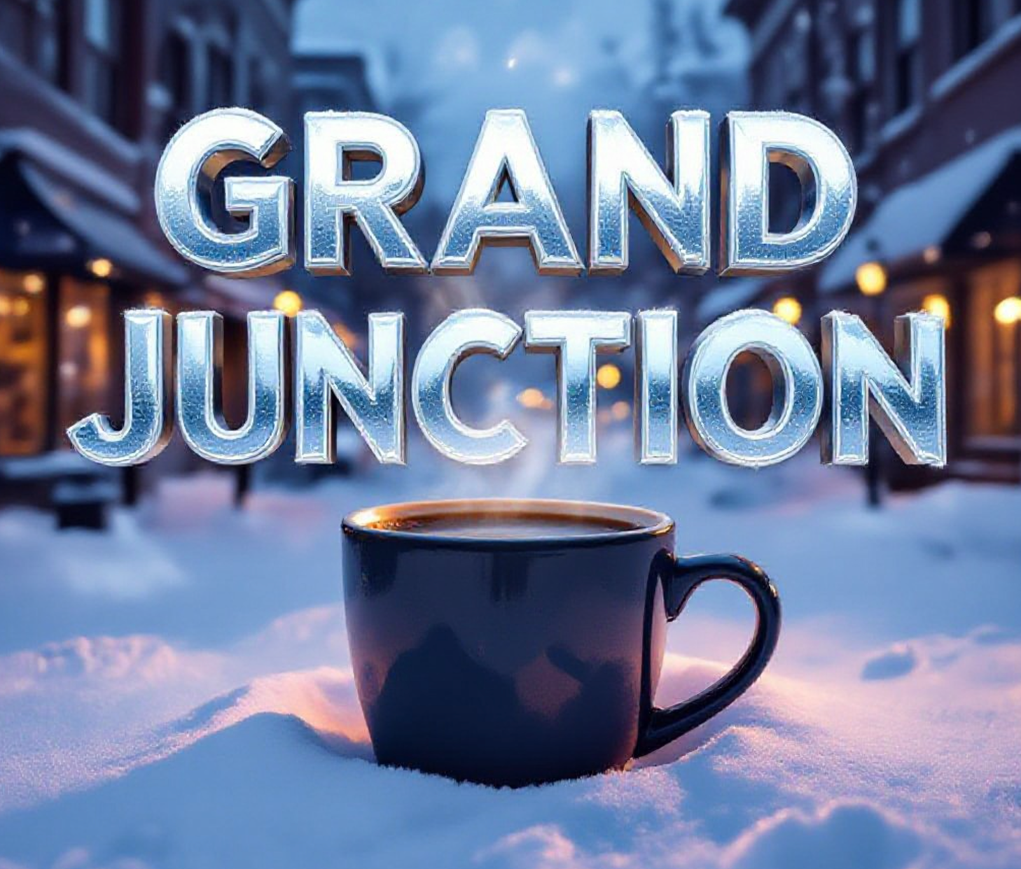A viral, hyper-realistic YouTube thumbnail with a cozy winter blizzard atmosphere. The background is downtown Grand Junction buried in fresh white snow at golden hour with warm coffee shop windows glowing from inside. The composition uses a low-angle cinematic shot to focus on the main subject: a steaming oversized coffee mug placed prominently in thick snow with visible heat waves rising. The image features massive 3D typography with strict hierarchy: The Primary Text reads exactly: 'GRAND JUNCTION'. This text is massive, the largest element in the frame, rendered in icy blue chrome with frosty condensation effects to look like a high-budget 3D render. The Secondary Text reads exactly: 'RECORD SNOW'. This text is significantly smaller, positioned below the main text with a bold red sticker-style outline and subtle falling snow particles over it. The text materials correspond to the story's concept. Crucial Instruction: There is absolutely NO other text, numbers, watermarks, or subtitles in this image other than these two specific lines. 8k, Unreal Engine 5, cinematic render.